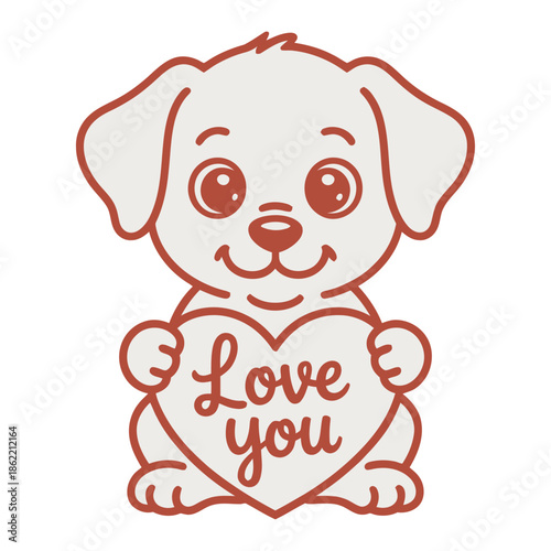 A minimalist Valentine-themed illustration design with a cute cartoon puppy sitting and holding a heart-shaped sign that says "I love you" for t-shirts, stickers, greeting cards and valentines.