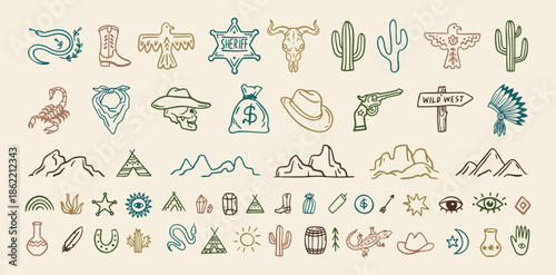 Wild west cowboy doodle icon set. Hand drawn boho signs collection. Aztec southwestern elements set.