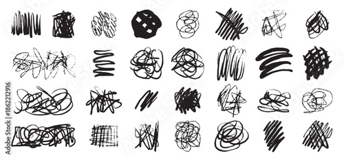 Hand drawn messy chaotic scribble lines collection. Brush freehand doodle scribbles on white background