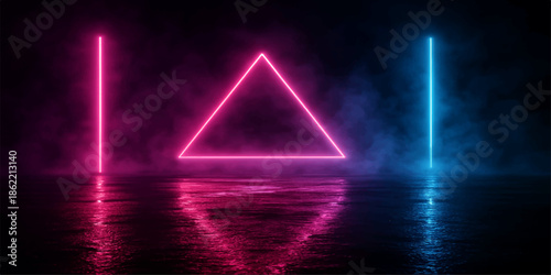 Abstract colorful 3D pyramid with light rays and rainbow prism design