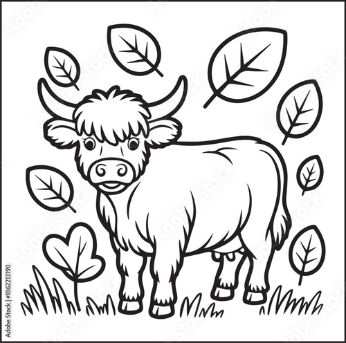 Highland cow standing alone and natural leaves decorated black outline vector element coloring page for kids and adults