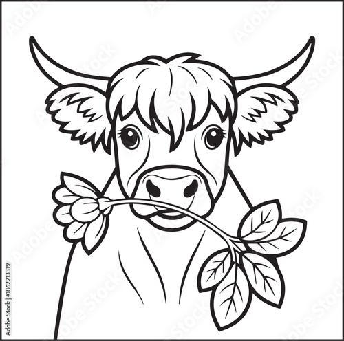 Highland cow eating leaves in nature scene black outline vector element coloring page for kids and adults