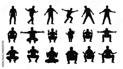 Silhouettes of people in various yoga and exercise poses black and white
