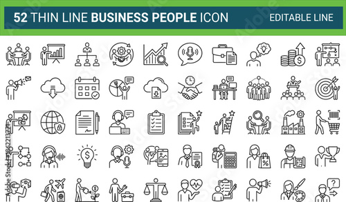 Comprehensive Collection of Business Line Icons Featuring Professional Management, Teamwork Strategies, Corporate Financial Growth, Human Resources, Marketing Solutions, and Industrial Operations Sym