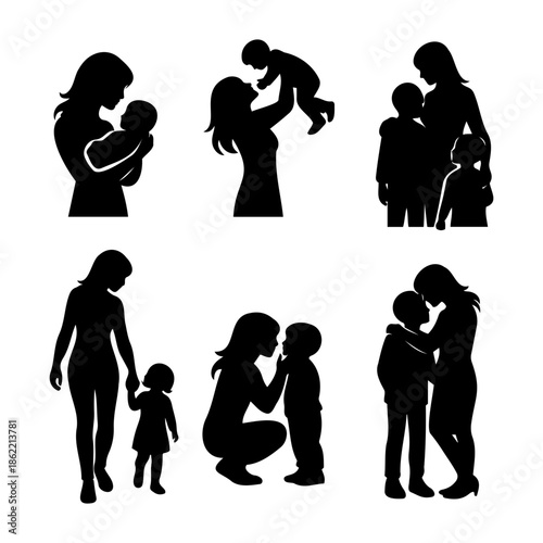 Collection of black silhouettes showing mothers bonding with their children in various loving, caring, and nurturing poses.