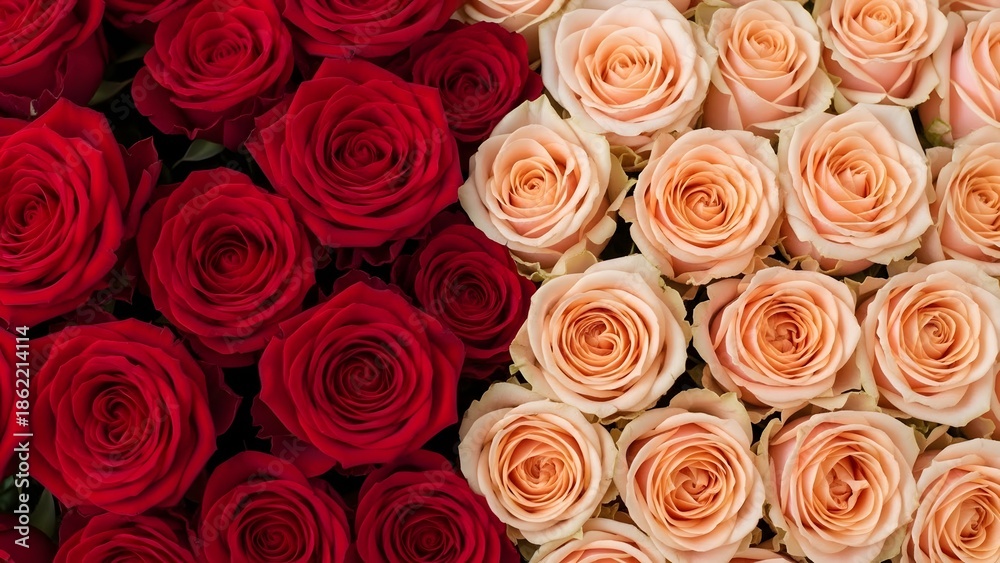 Fototapeta premium Vibrant red and soft peach roses bouquet for valentines day special