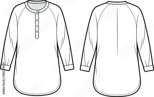 Henley tunic dress front and back views, long sleeve womens apparel, fashion technical vector illustration, clothing design template mockup set