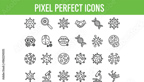 Microbiology and Virology Icon Set Featuring Various Virus Cells DNA Strands Bacteria Microscopic Organisms and Scientific Laboratory Research Equipment Linear Illustration