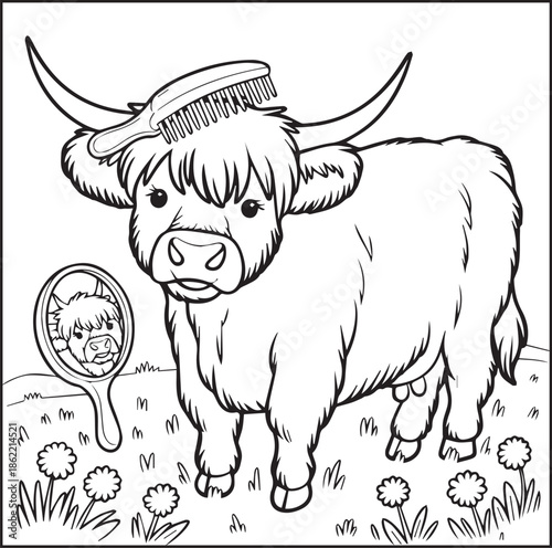Highland cow seeing mirror and enjoy in nature scene black outline vector element coloring page for kids and adults