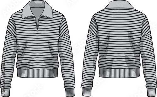 Striped pullover sweater front and back views, mens casual apparel design, long sleeve fashion illustration vector template, technical mockup clothing