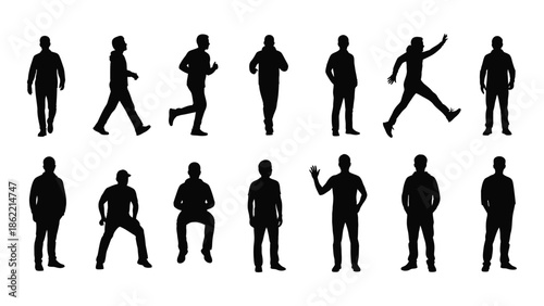 Silhouettes of people in various poses and activities displayed in a row