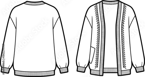 Womens open front cardigan sweater front and back views, knitted casual outerwear apparel, fashion technical vector illustration template design