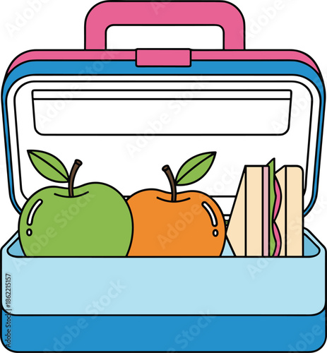 Open lunchbox with sandwich, green and orange apples, blue container with pink accents, school meal vector for food design