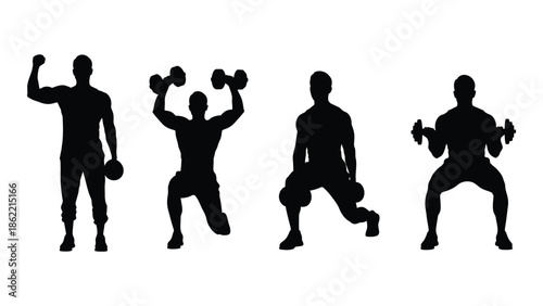 Silhouettes demonstrating various weightlifting exercises and fitness poses