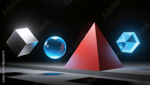 Abstract geometric shapes floating in space with dramatic lighting and shadows