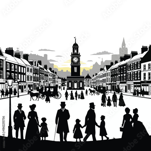 Victorian Era Town Square Silhouette with Clock Tower, Horse Drawn Carriages, and People in Period Dress