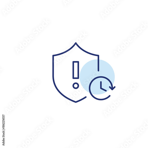 Shield with exclamation mark and clock. Real-time protection danger alert, timed coverage. Pixel perfect, editable stroke vector icon