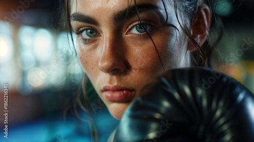 Close-up of a young woman training boxing in a gym.