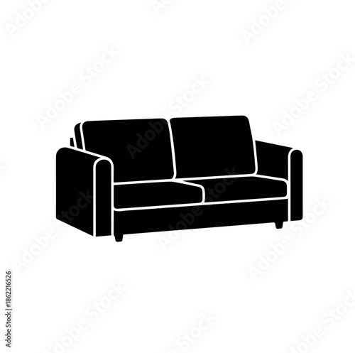 Contemporary two-seater sofa silhouette icon, black and white vector furniture illustration for living room interior design and comfort.