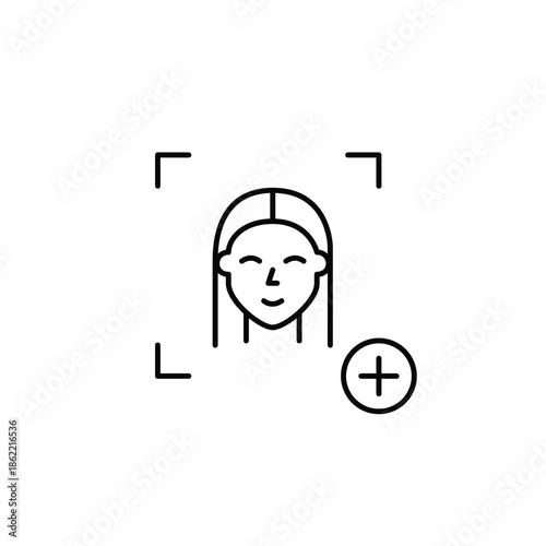 Woman user face id and plus symbol. Id setup, login update. Access granted, profile unlock. Pixel perfect, editable stroke vector icon