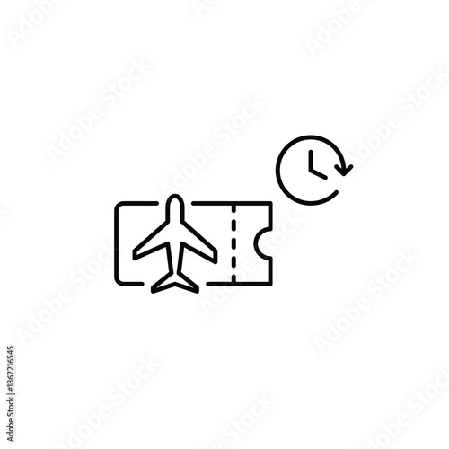 Plane ticket and clock. Flight schedule, delayed. Pixel perfect, editable stroke vector icon