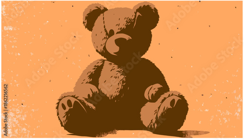 Vintage teddy bear sitting on orange background with distressed texture