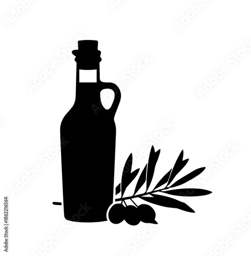 Organic olive oil bottle and olive branch silhouette, black vector illustration for culinary labels and Mediterranean food concepts.