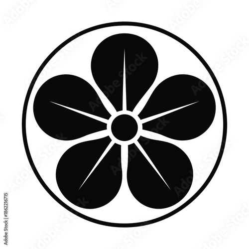 Symmetrical Black Flower Emblem in Circular Frame