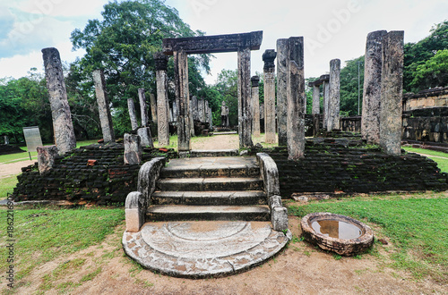 View of the Atadage,House of the Eight in the sacred quadrangle and a shrine which used to host the tooth relic of the Buddha in the ancient Sinhalese capital at Polonnaruwa, Sri Lanka