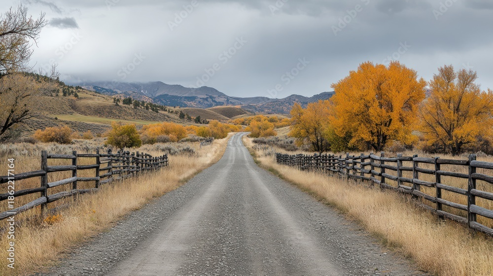 Fototapeta premium Autumnal Country Road, Mountains, Fall Foliage, Rural Landscape, Travel
