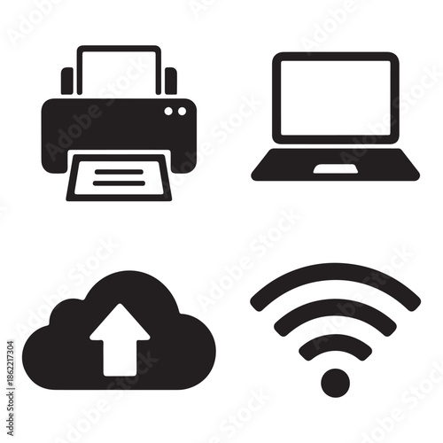 Silhouette of office technology signs laptop printer cloud upload and Wi-Fi signal
