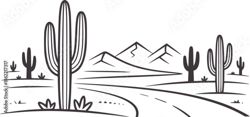 Desert landscape with cacti and mountains in black and line