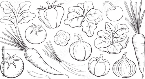 Detailed black and line of assorted vegetables with leaves