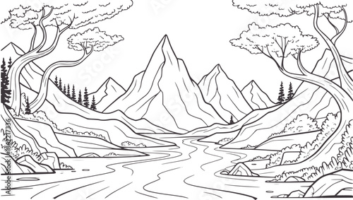 Detailed black and line of mountainous landscape with river and trees