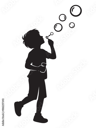 Silhouette of child blowing soap bubbles vector illustration, playful childhood moment