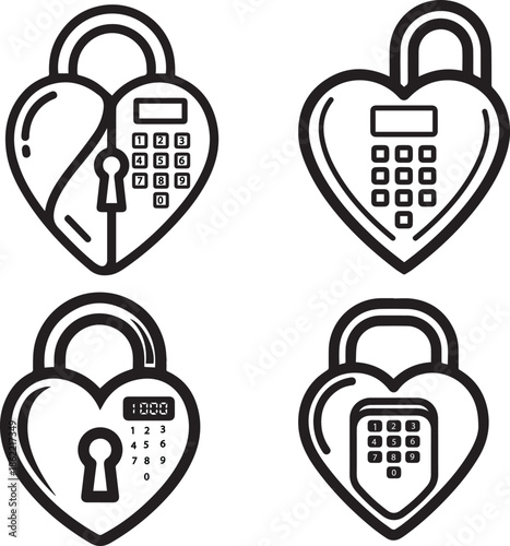 Bold line art collection of heart shaped padlocks with digital keypad and keyhole.