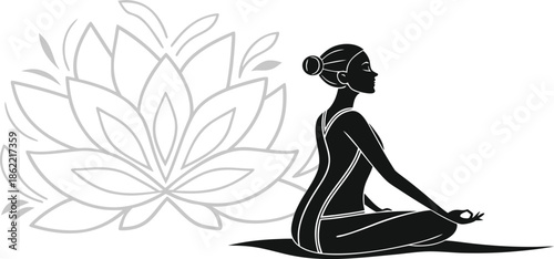 Vector silhouette illustration of a woman or girl in a dress sitting in a calm yoga meditation pose with floral beauty