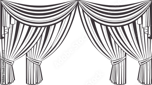 Detailed black and of draped stage curtains