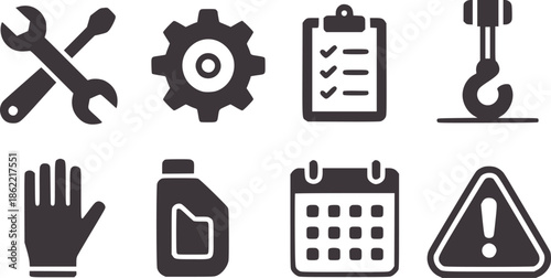 Eight black set including tools gear checklist crane oil calendar glove warning