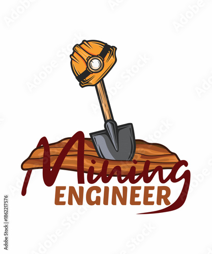 Mining engineer logo with shovel stuck in ground and yellow safety helmet for industry work