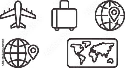 Five black outline travel including airplane suitcase globe map and location marker