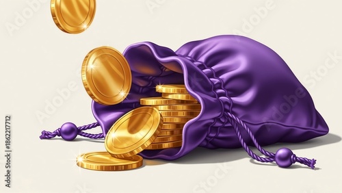 Glossy gold coins flowing from purple satin pouch realistic illustration