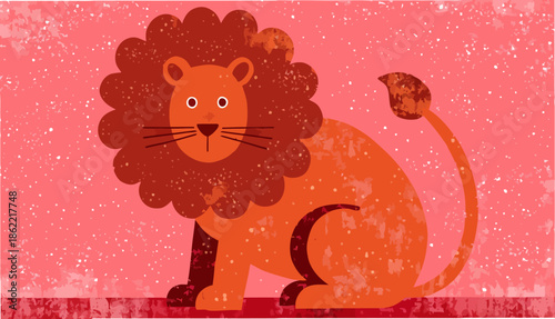 Vibrant cartoon lion with textured mane on pink background