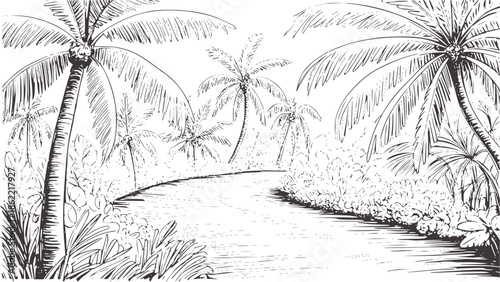 Tropical river landscape with palm trees and dense vegetation line