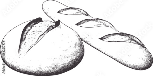 Two monochromatic of sliced artisanal bread loaves with detailed texture