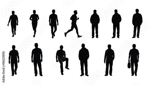 Silhouette collection of people in various poses and walking motions