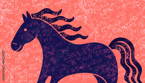 Majestic horse with flowing mane on vibrant coral background