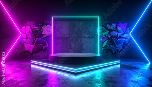 Abstract futuristic empty podium stage with glowing pink and blue neon lights in a dark urban room with graffiti art