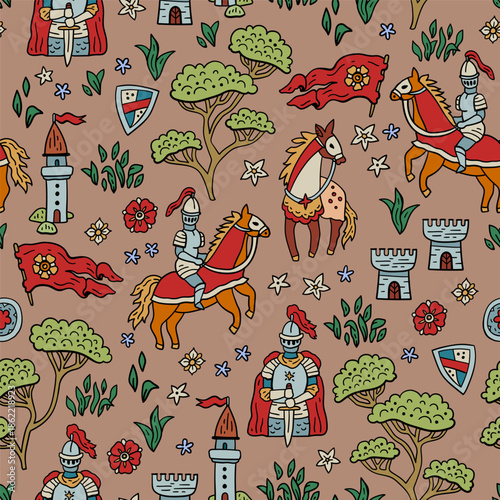 Seamless medieval vector pattern with knights, horses and castles. Dragon and rider. Hand-drawn like an ancient tapestry. For textile and paper design.