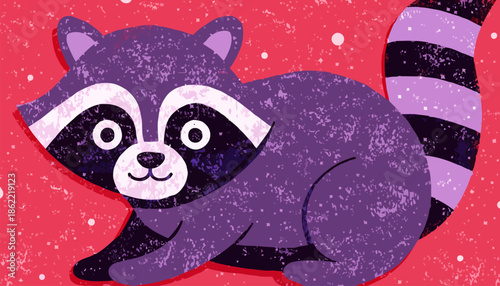 Cute purple raccoon with big eyes on red background